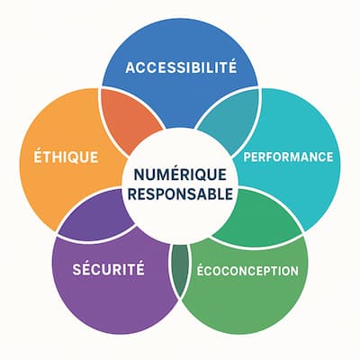 Diagramme représentant les liens entre accessibilité, écoconception, performance, sécurité et éthique, convergeant vers le numérique responsable
